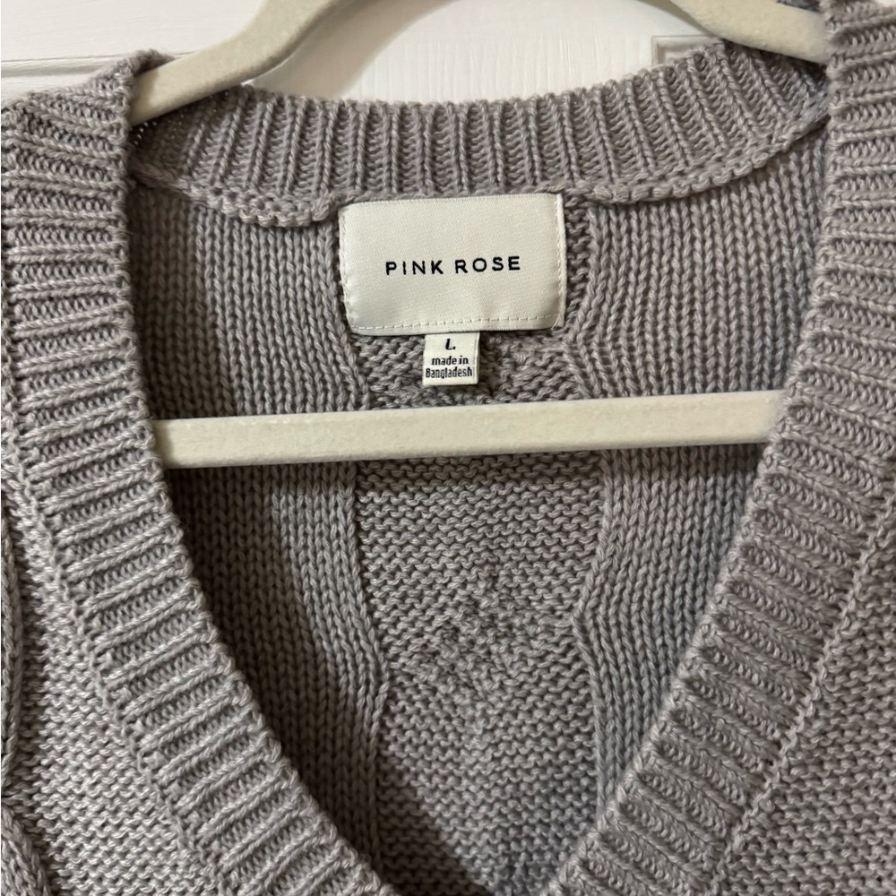 Pink Rose Light Gray V-Neck Sweater